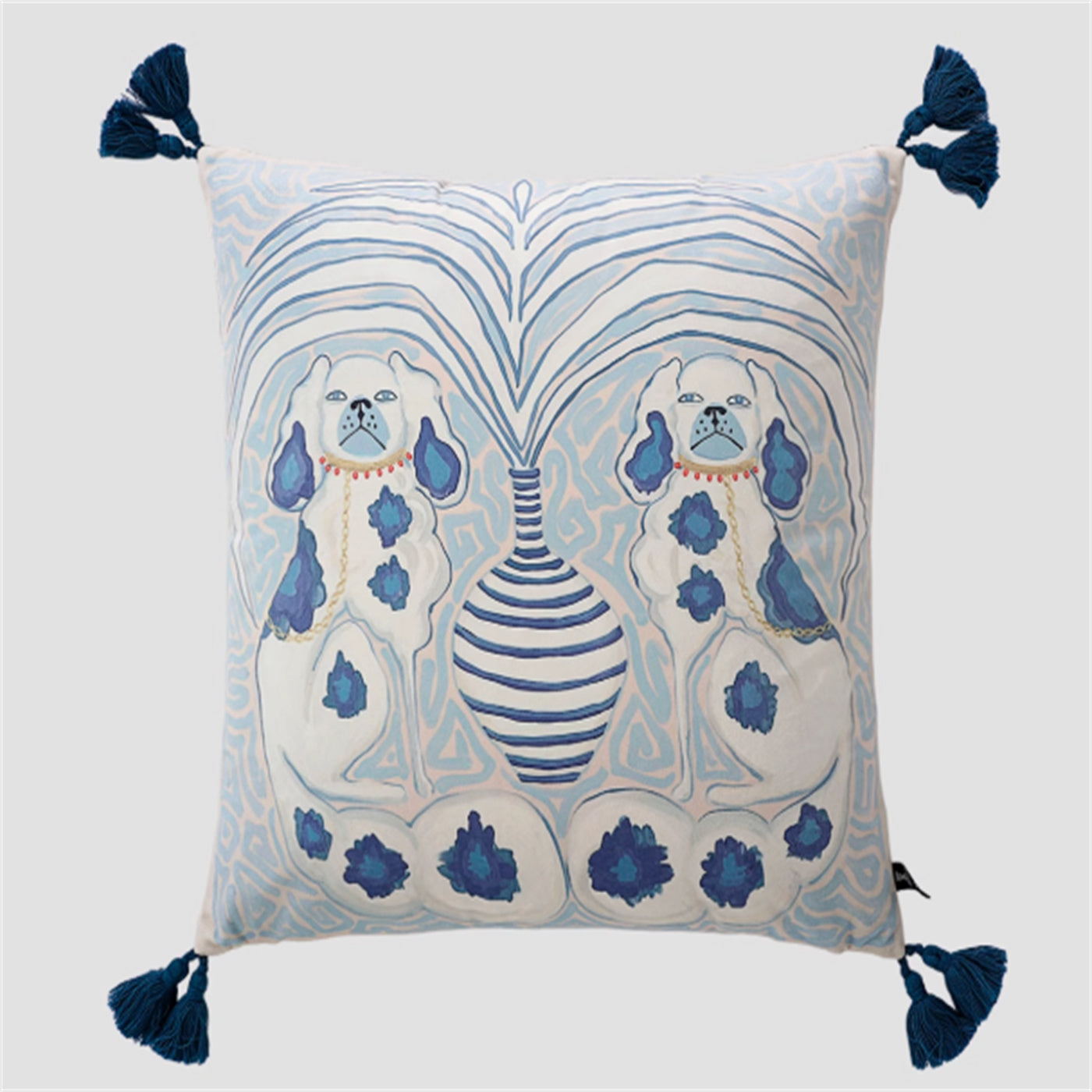 Porslinshundar Blue kuddfodral med tofsar